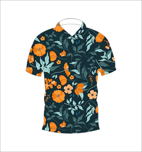 เสื้อโปโลสีส้มลายดอกไม้เขตร้อนแบบกำหนดเอง ระบายอากาศได้ดี น้ำหนักเบา เหมาะสำหรับทีมกอล์ฟ แขนสั้น ผลิตด้วยเทคนิคการระเหิดสี - Product Image 1