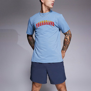 2026 New arrival Men's Light Blue Quick Dry <b>Knitted</b> T-Shirt With Red Letter Print Matching Navy Shorts Casual Summer <b>Set</b> - Product Image 1
