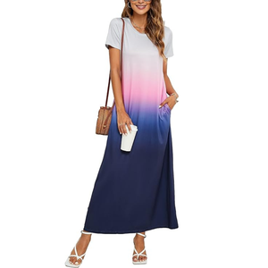 Robe longue dégradée rose et bleu marine à manches courtes avec poches, robe longue d'été décontractée pour la plage, vente en gros d'usine - Product Image 1