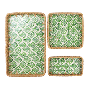 Magnifique plateau de service en rotin et nacre, fait main au Vietnam, motif feuille verte incrusté, pour hôtels, cafés, restaurants, vente en gros - Product Image 1