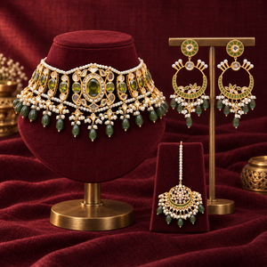 Fabricant de parures de mariée en gros plaquées or avec perles vert olive, comprenant collier ras-du-cou, boucles d'oreilles et tikka - Product Image 2