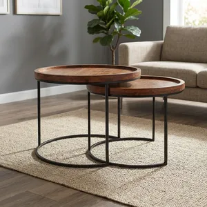 Juego de 2 Mesas de Centro Redondas de Madera Maciza de Sheesham con Patas de Metal Negro, Mesas Auxiliares para Sala de Estar, Estilo Rústico - Product Image 5