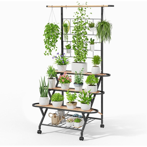 Support à plantes en métal à 3 niveaux avec barre de suspension, étagère à pots de fleurs pour intérieur et extérieur, étagère en fer forgé pour balcon et décoration de jardin - Product Image 2