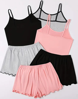 Ensemble pyjama 2 pièces pour femme en jersey couleur unie, printemps-été, avec débardeur à fines bretelles et short à volants, taille élastique, thermique et décontracté