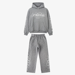2026 350 GSM Cotton French Terry Gray Hooded <b>Sweatshirt</b> Set Full Sleeve Letter Print 100% Cotton Regular Fit Autumn Wear Side - Product Image 1