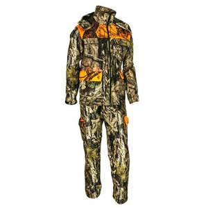 Ensemble de chasse camouflage pour homme avec accents orange, veste à capuche zippée intégrale et pantalon, en polyester respirant certifié CE - Product Image 2