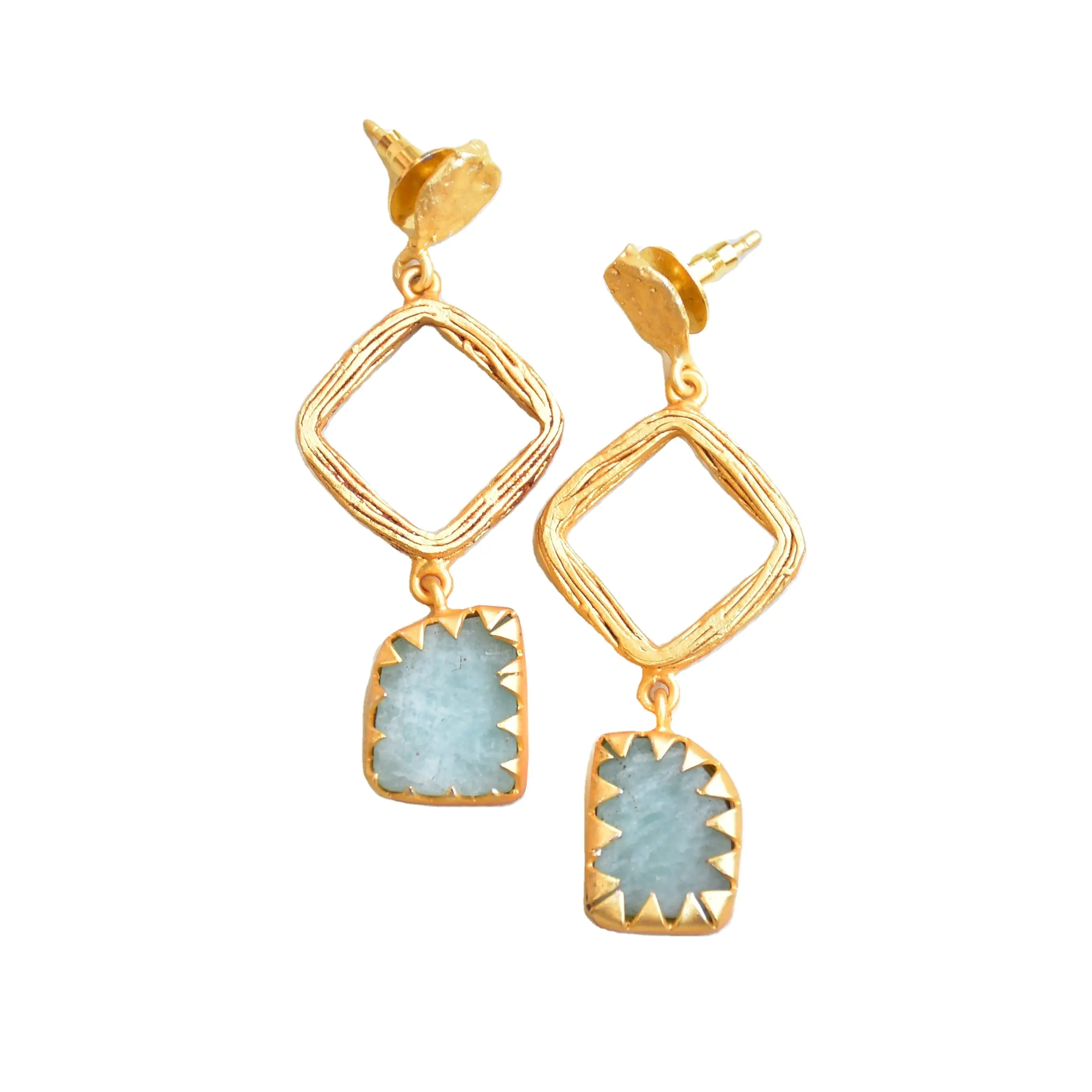 Amazonite handmade earrings Long drop geometric statement earring Fashion jewelry supplier and wholesaler gold plated jewellery