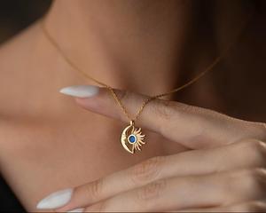 Collares con Colgante de Sol y Luna Creciente, Diseño Misterioso y Encantador para Mujer, Cadena de Eslabones Dorados, Citrino, Rubí, Topacio Azul, Regalo de Lujo - Product Image 2
