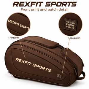 Sac de transport pour raquette de squash Rexfit Sports personnalisé marron avec impression de texte personnalisée, compartiments multi-zippés et forme de rangement sportif - Product Image 6