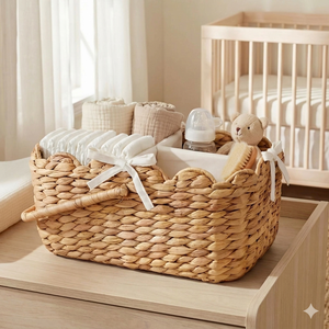 Cesta Organizadora para Bebés Hecha a Mano con Jacinto de Agua Tejido y Borde Festoneado - Cesta de Almacenamiento de Pañales de Jacinto de Agua Natural con Forro Extraíble - Product Image 2