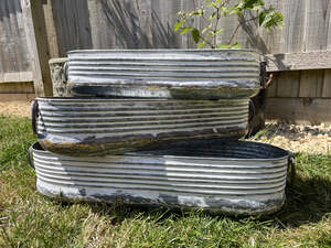 <b>Galvanised</b> Zinc Whitewash Long Ribbed Planter <b>Trough</b> Outdoor Garden Pot metal planters Galvanized metal planter with handle - Product Image 1