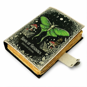 NEW ERA Book of Shadows Leather Hardcover Journal with Luna Moth Design Mushroom Art Black Cover Sewing Binding Gift Deckle Edge - Product Image 1