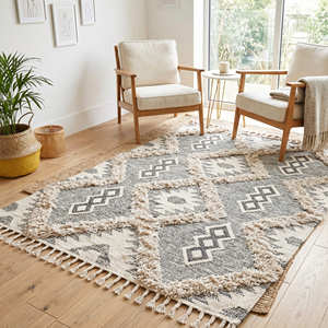 Tapis Bohème Géométrique Très Demandé, Tapis de Sol Bohème Tressé à la Main à Prix Abordable avec Franges, Tapis de Salon à Poils Moyens - Product Image 4