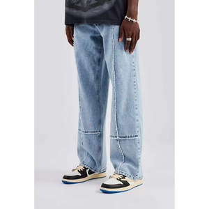 Jean pour homme coupe droite, élégant, en denim délavé, style streetwear, coupe décontractée - Product Image 6