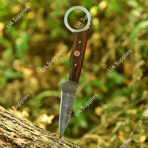 Cuchillo utilitario de hoja fija de 8 pulgadas de acero de Damasco hecho a mano con orificio para el dedo, mango ergonómico de palisandro, funda de cuero y madera, cuchillos EDC OEM - Product Image 5