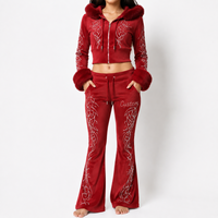 Ensemble personnalisé pour femme, sweat à capuche court zippé 100% coton, pantalon évasé, ornements en strass, bordure en fausse fourrure, manches longues, streetwear, hiver