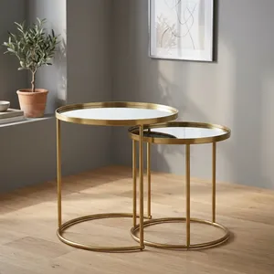 Modern Nesting <b>Side</b> <b>Tables</b> with <b>Glass</b> Top and Brass Metal Frame Living Room Furniture Decorative Accent <b>Table</b> - Product Image 1
