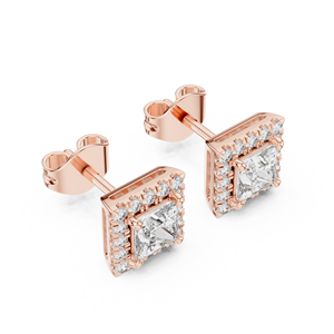 Princess Cut Diamond Halo <b>Stud</b> Earrings 18K Rose Gold Plant Shape IGI Certified Rhodium Plated Anniversary Party Gift - Product Image 2