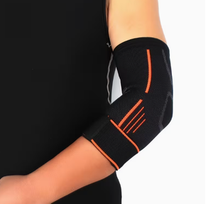 HAWK SPORTS INDUSTRIES Support de coude respirant et réglable, noir avec surpiqûres orange, fermeture auto-agrippante pour l'entraînement sportif de football - Product Image 1