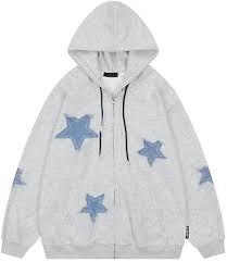 Sweat à capuche zippé en denim avec patch étoile, 100% coton molletonné, coupe oversize, style streetwear, effet vieilli et bords bruts, collection automne - Product Image 2