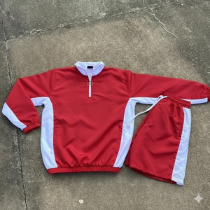 <b>Men's</b> Red White Solid Sporty Track <b>Jacket</b> and Shorts Set Breathable Quick Dry Knitted 100% Cotton <b>Summer</b> Wear - Product Image 1