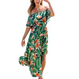 Robe longue d'été florale à volants pour femme, épaules dénudées, manches courtes, dos nu, corsage à volants, ourlet fendu, robes de plage - Product Image 1