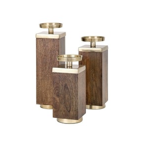 Handcrafted Mango Wood and Brass Pillar <b>Candle</b> Holder Set of 3 Rustic Modern <b>Square</b> Wood Pedestals Luxury Walnut Finish Block - Product Image 4