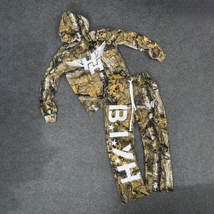 Custom <b>Leaf</b> Camo Printed Fleece Tracksuits Top Quality <b>Screen</b> Printed Wording Full Zip Hooded Sweatshirt Set for Men - Product Image 1