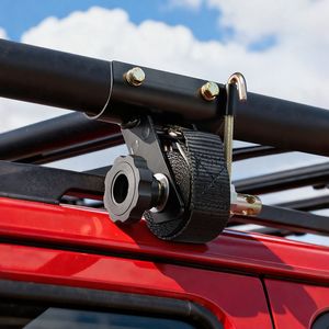Cinghie a cricchetto nere da 1,5 pollici di larghezza x 7,4 piedi di lunghezza per portascala, con attacco a tubo rotondo nero da 1,87-2 pollici, doppio J e gancio E-Track - Product Image 2