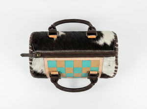 Luxury 100% Genuine <b>Leather</b> Mini Speedy Duffel Bag Weekender Sport Checkerboard Teal Brown Pattern Double Handle Zipper Closure - Product Image 5