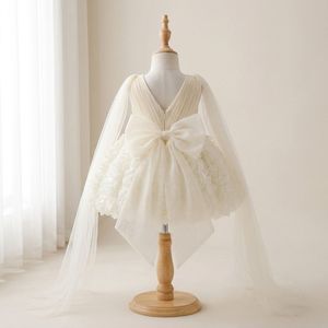 Vestido de niña de las flores de satén sólido color marfil hecho a medida estilo cuento de hadas, falda con rosetas 3D hechas a mano, mangas de tul fluidas con capa, boutique de princesa - Product Image 2