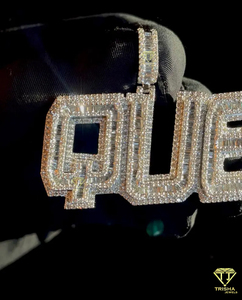 Luxury " QUE " <b>Name</b> Pendant With Baguette Moissanite Diamond Cuban <b>Chain</b> Hip Hop Jewelry - Product Image 2