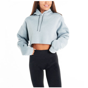 Ladies Autumn Long Sleeve Cropped Top Hoodie Gym Wear Soft Fleece Raw Cut Zipper Pocket Crystal Badge Embroidered Customizable - Product Image 1