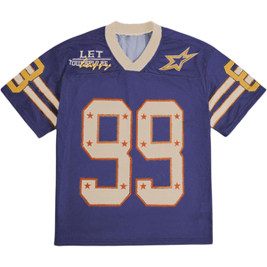 Camiseta de Fútbol de Malla Bordada Personalizada con Cuello en V, Manga Corta, Color Morado y Dorado, Número 99, para Hombres Adultos, Transpirable y Deportiva - Product Image 1