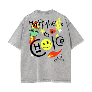 เสื้อยืดโอเวอร์ไซส์สีเทาพิมพ์ลายการ์ตูน แขนสั้น คอกลม สไตล์สตรีทแวร์ ผ้าเดนิมคอตตอน  ลายโลโก้ด้านหลัง - Product Image 1