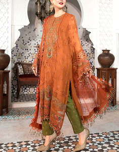 Vestido Largo Tradicional de Gasa Naranja Bordado para Mujer con Dupatta, Atuendo para Invitadas de Boda, Estilo Pakistaní e Indio - Product Image 3