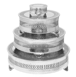 Stainless Steel Multi Layer Cake Stand With Decorative Cutouts And Ornate Feet Reusable For Elegant Display - Product Image 1