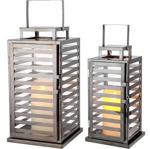 Classic Luxury <b>Black</b> Stainless Steel Striped <b>Lantern</b> Decorative LED Tabletop Lights for Home Party Wedding Wholesale - Product Image 1