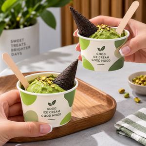 Gobelet à crème glacée EcoRev 90 mm à paroi simple, matériaux recyclés, écologique, biodégradable, papier de qualité alimentaire, logo en feuille, motifs verts - Product Image 6