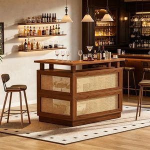 Tavolo da Bar Vintage in Legno e Rattan con Piedi Regolabili per Casa, Feste, Ristoranti, Hotel, Giardini Esterni - Product Image 6