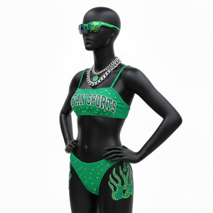 ชุดบิกินี่พรีเมียม โพลีเอสเตอร์ผสมสแปนเด็กซ์ สีเขียว ผ้าเนื้อยืด ประดับคริสตัล แผ่นปักลาย  รับสกรีนโลโก้ตามแบบ ชุดบิกินี่สำหรับผู้หญิง - Product Image 5