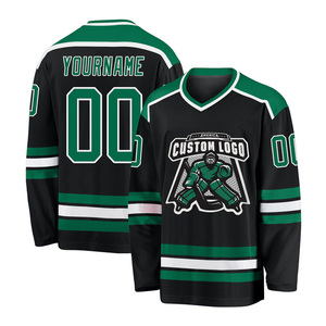Camiseta de Hockey sobre Hielo Negra y Verde con Logotipo Personalizado al por Mayor, Cuello en V, Manga Larga, Impresión Sublimada, Transpirable, de Poliéster, para Hombre Adulto - Product Image 2