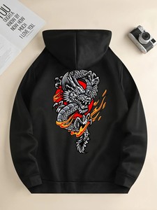 Green Unisex Hooded Sweatshirt Letter Print <b>Back</b> Casual Winter Wear Loose Fit 100% Cotton Fleece Anti-Pilling Knitted Fabric - Product Image 5