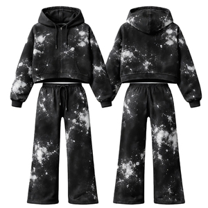 Conjunto de Sudadera con Capucha y Pantalones con Estampado Galáctico Negro para Mujer, Chaqueta Corta con Cremallera, Pantalones Deportivos de Pierna Ancha, Estilo Grunge Oversize, Atuendo Combinado - Product Image 1
