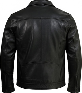 Blouson en cuir noir sur mesure pour homme, en cuir de vachette véritable, style camionneur, coupe ajustée, col chemise décontracté, manteau de motard en cuir véritable, vêtement d'extérieur - Product Image 2