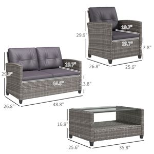 Set di mobili da giardino in vimini di rattan PE a 4 pezzi color carbone con tavolino a due livelli e cuscini - Product Image 3