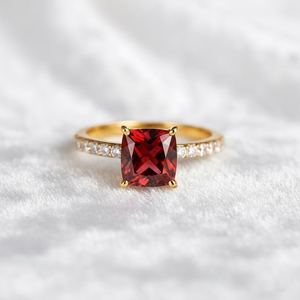 Cushion Cut Red Garnet <b>Ring</b> 925 Sterling <b>Silver</b> 14K Gold Plated <b>Solitaire</b> Dainty Pave Engagement Promise <b>Ring</b> - Product Image 1