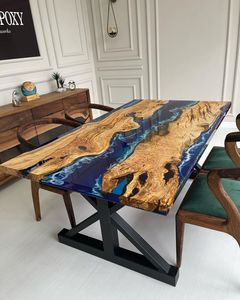 Table à manger rectangulaire moderne en noyer massif avec bord naturel et résine époxy bleue, pieds en métal noir, mobilier de salle à manger sur mesure, entrée d'entrepôt - Product Image 3