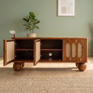 Meuble TV en bois de manguier massif à trois portes avec panneaux en rotin, pieds ronds, meuble de divertissement rustique pour salon et chambre - Product Image 4
