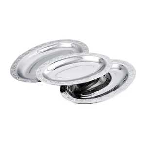 Stainless Steel Oval Serving Tray Set Floral Embossed Rim Silver Metal Platter Professional Catering <b>Food</b> <b>Server</b> Set - Product Image 1